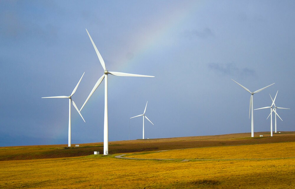 es sind Windkrafträder auf dem Feld zusehen.