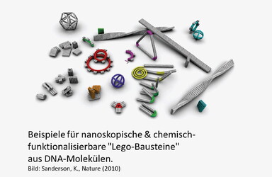 Es sind Beispiele abgebildet für nanoskopische & chemischfunktionalisierbare "Lego-Bausteine" aus DNA-Molekülen.