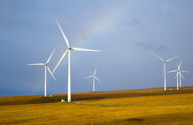 es sind Windkrafträder auf dem Feld zusehen.
