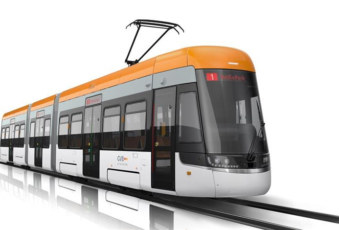 eine Straßenbahn die oben gelb ist und unten weiß