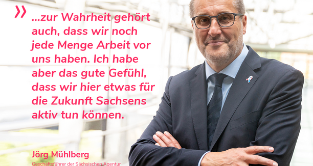 es ist Jörg Mühlberg abgebildet und links neben ihm ist ein rosa Zitat von ihm.