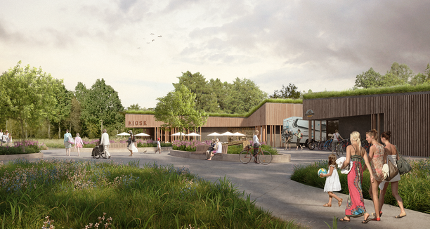 Personen in Badekleidung laufen auf einen Weg